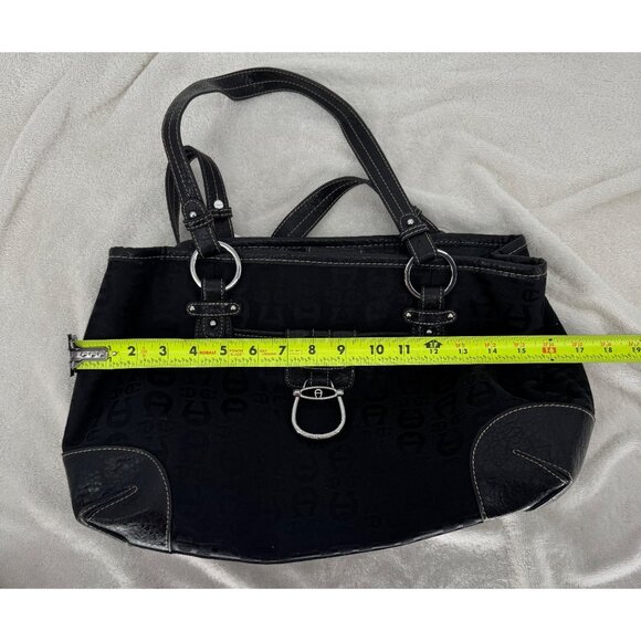 Etienne Aigner Black Logo Jacquard & Faux Leather Shoulder Bag With Buckle Accen - Picture 10 of 11